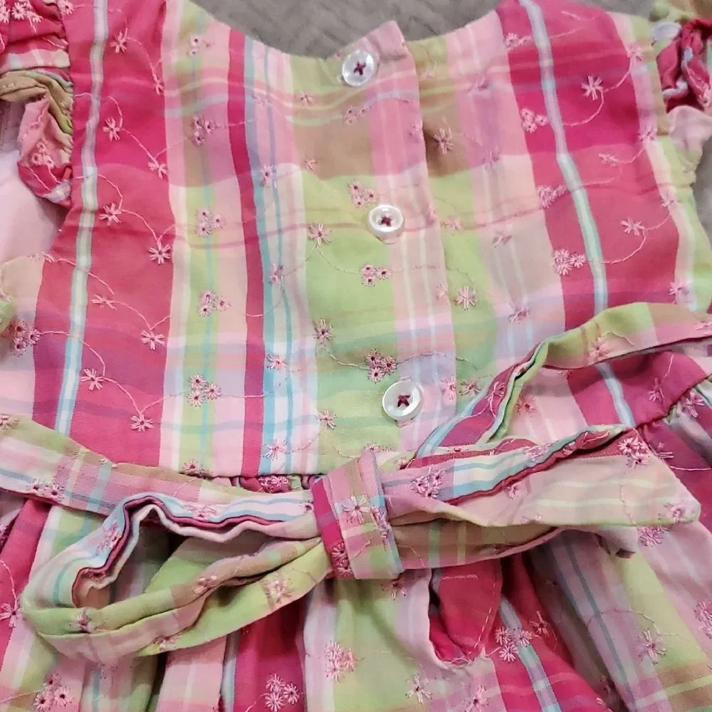 Blueberi Boulevard Pink and Green Plaid Dress with Floral Details Baby 24 Months
